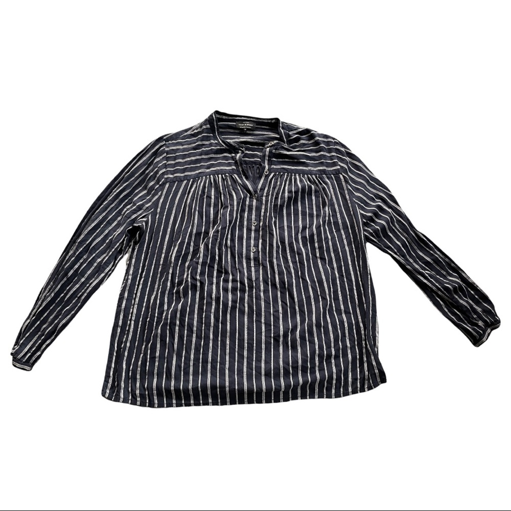 Lucky Brand Blouse navy blue w/cream pinstripes.